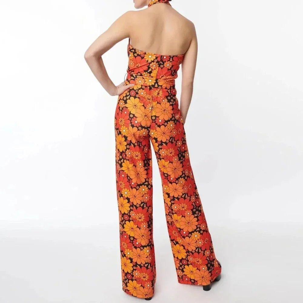 Unique Vintage Floral Halter Jumpsuit in Orange and Green - Picture 5 of 6